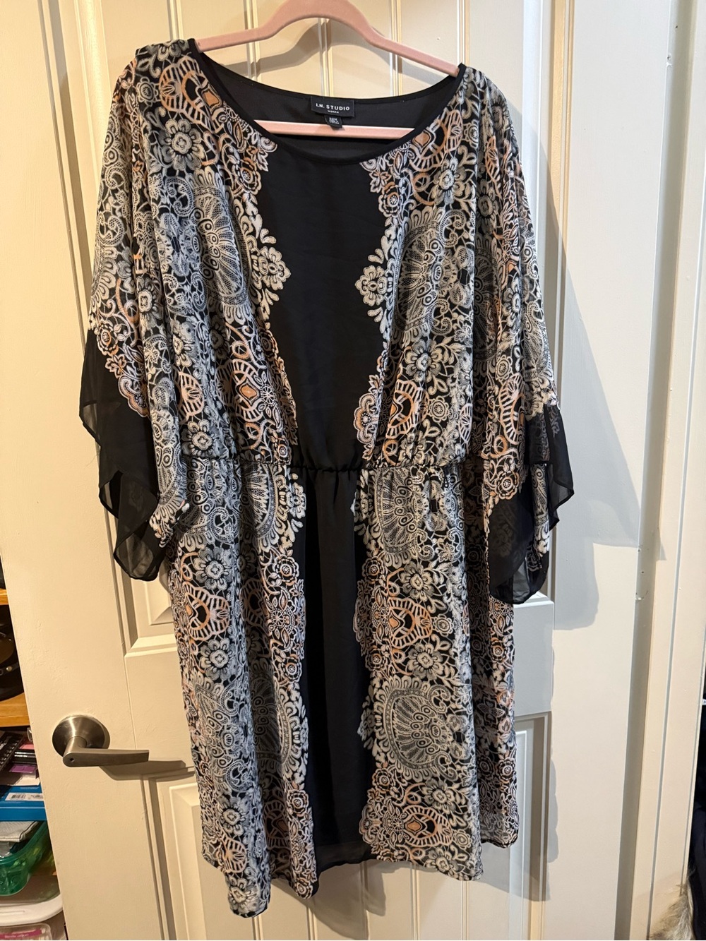 I.N. Studio Black and Cream Lace-Print Overlay Dress